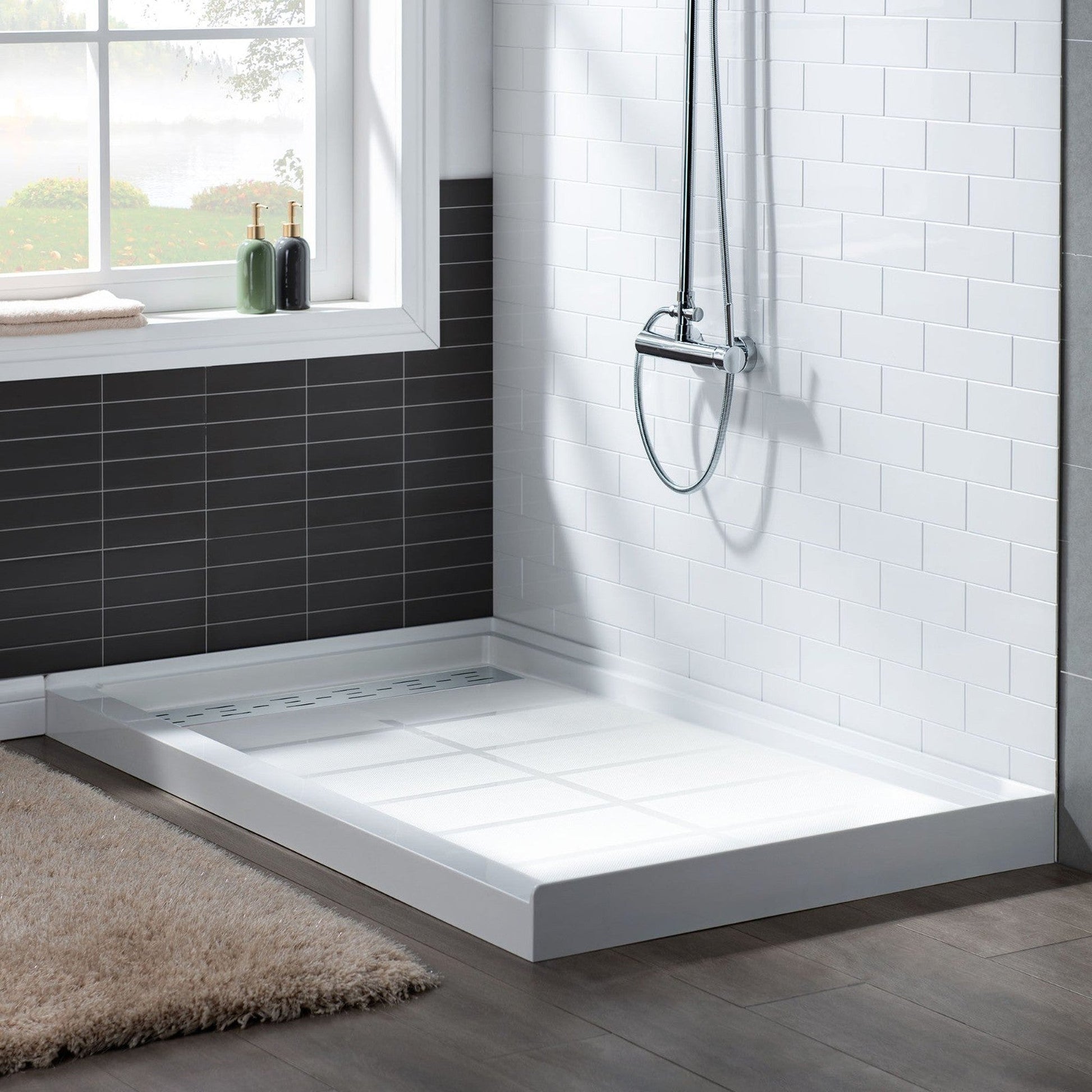 WoodBridge 60" x 34" White Solid Surface Left Drain Location Chrome Trench Cover Shower Base With MBSDC6076-C Frameless Shower Door and SWP603296-2-SU-H Matte Gray Vertical Pattern 3-Panel Shower Wall Kit