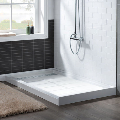 WoodBridge 60" x 34" White Solid Surface Left Drain Location Chrome Trench Cover Shower Base With SDD6062-C Double Sliding Frameless Shower Door and SWP603296-3-SB-M Matte White Vertical Pattern 3-Panel Shower Wall Kit