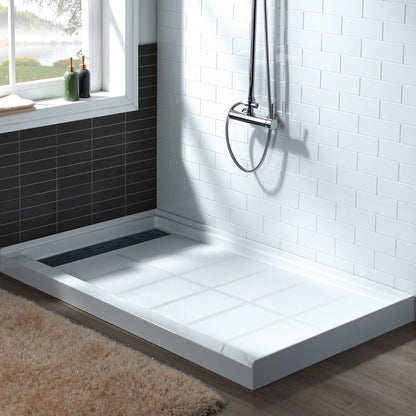 WoodBridge 60" x 34" White Solid Surface Left Drain Location Matte Black Trench Cover Shower Base With SDD6062-MBL Double Sliding Frameless Shower Door and SWP603696-1-SU-H White High Gloss Vertical Pattern 3-Panel Shower Wall Kit