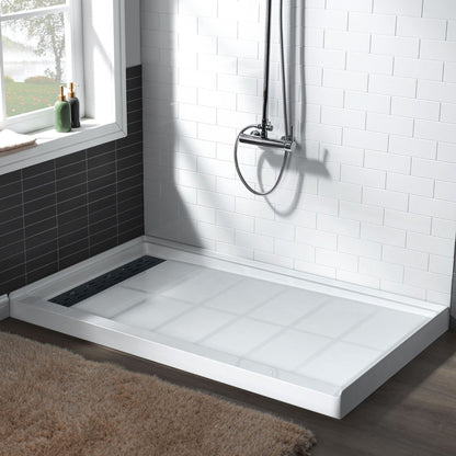 WoodBridge 60" x 34" White Solid Surface Left Drain Location Matte Black Trench Cover Shower Base With SDD6076-MBL Double Sliding Frameless Shower Door and SWP603696-3-SB-M Matte White Vertical Pattern 3-Panel Shower Wall Kit