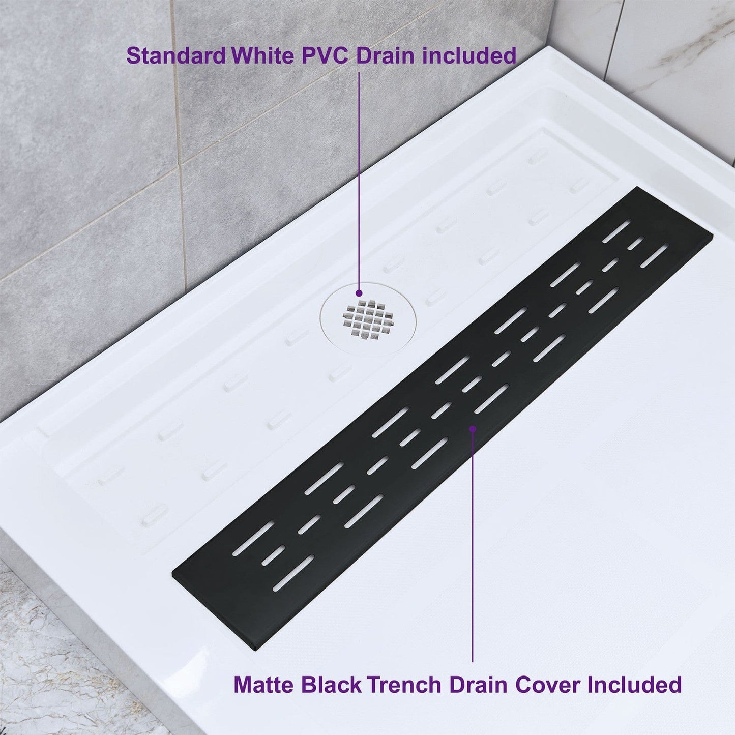 WoodBridge 60" x 34" White Solid Surface Left Drain Location Matte Black Trench Drain Cover Shower Base With MSDC6062-MBL Frameless Shower Door and SWP603296-2-SU-H Vertical Pattern 3-Panel Shower Wall Kit