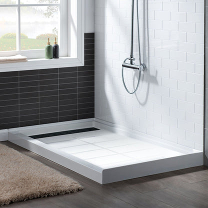 WoodBridge 60" x 34" White Solid Surface Left Drain Location Matte Black Trench Drain Cover Shower Base With SDD6062-MBLDouble Sliding Frameless Shower Door and SWP603296-2-SU-H Vertical Pattern 3-Panel Shower Wall Kit