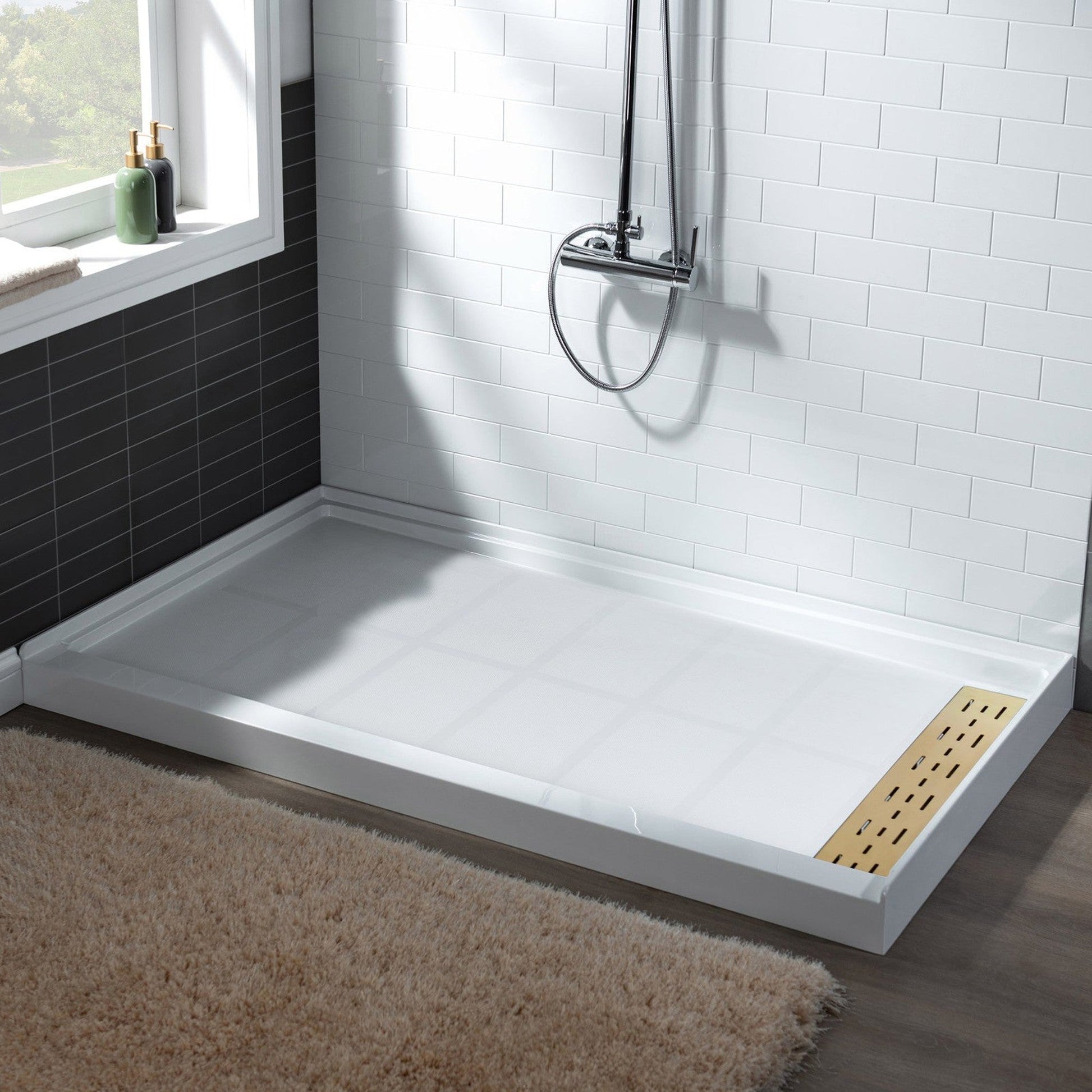 WoodBridge 60" x 34" White Solid Surface Right Drain Location Brushed Gold Trench Cover Shower Base With MBSDC6062-BG Frameless Shower Door and SWP603296-1-SU-H White High Gloss Vertical Pattern 3-Panel Shower Wall Kit
