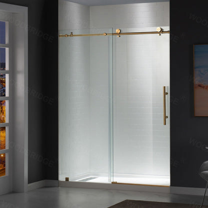 WoodBridge 60" x 34" White Solid Surface Right Drain Location Brushed Gold Trench Cover Shower Base With MBSDC6076-BG Frameless Shower Door and SWP603696-2-SU-H Matte Gray Vertical Pattern 3-Panel Shower Wall Kit