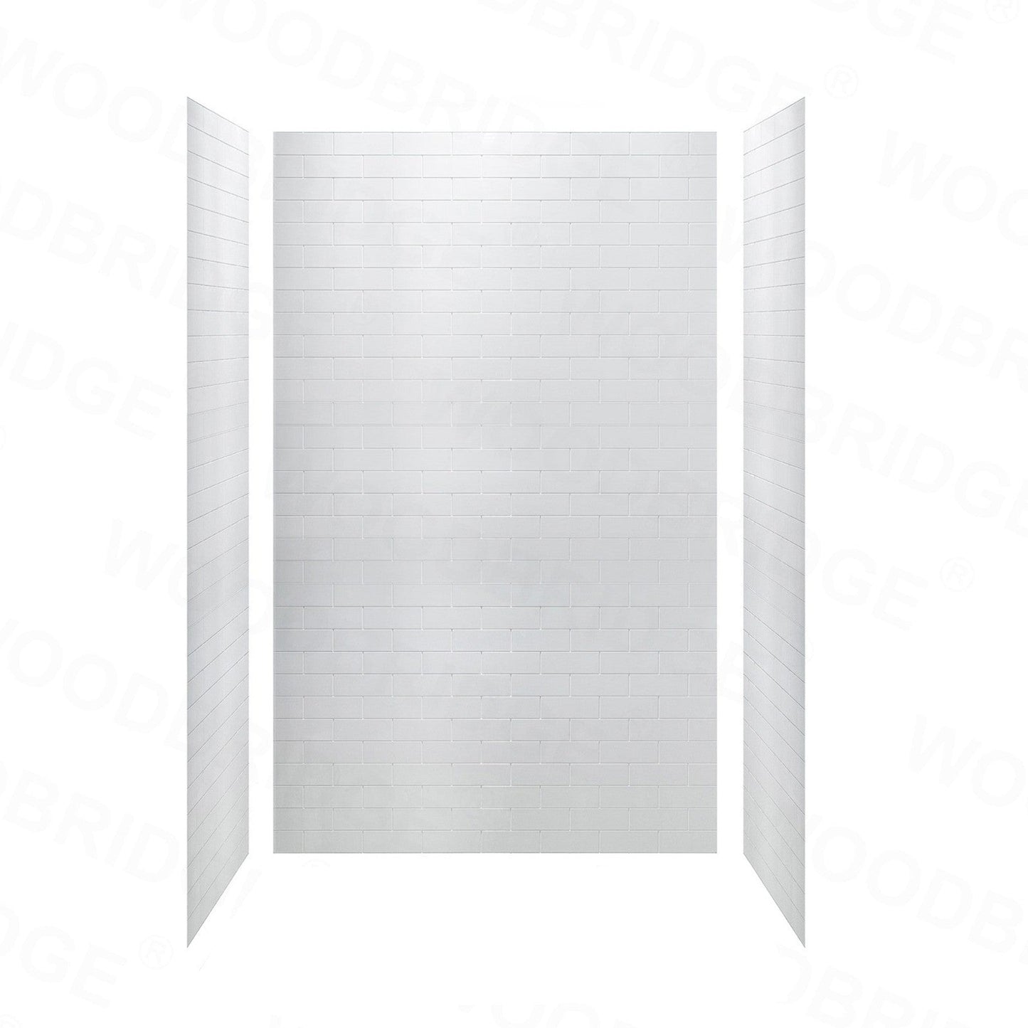 WoodBridge 60" x 34" White Solid Surface Right Drain Location Brushed Nickel Trench Cover Shower Base With MBSDC6062-BN Frameless Shower Door and SWP603296-1-SU-H White High Gloss Vertical Pattern 3-Panel Shower Wall Kit