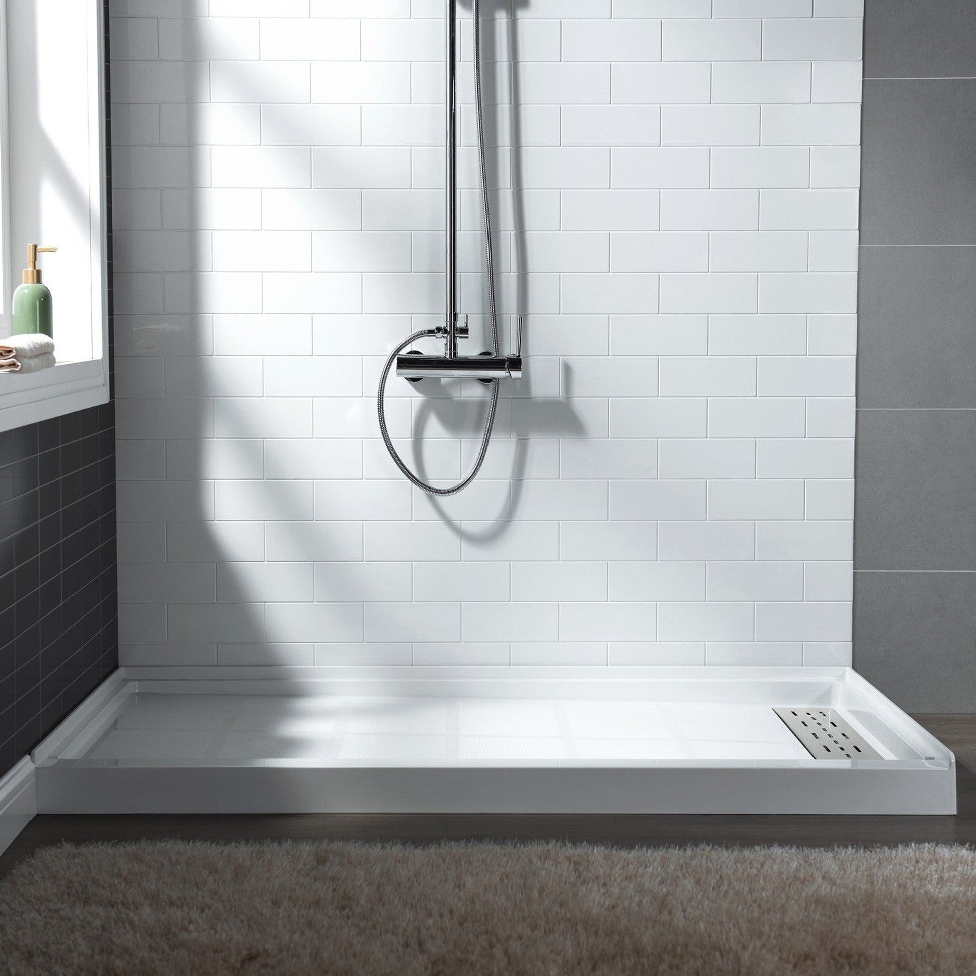 WoodBridge 60" x 34" White Solid Surface Right Drain Location Brushed Nickel Trench Cover Shower Base With SDD6062-B Double Sliding Frameless Shower Door and SWP603296-2-SU-H Matte Gray Vertical Pattern 3-Panel Shower Wall Kit