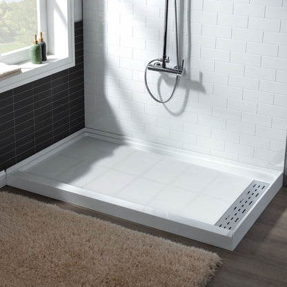 WoodBridge 60" x 34" White Solid Surface Right Drain Location Chrome Trench Cover Shower Base With MBSDC6076-C Frameless Shower Door and SWP603696-1-SU-H White High Gloss Vertical Pattern 3-Panel Shower Wall Kit