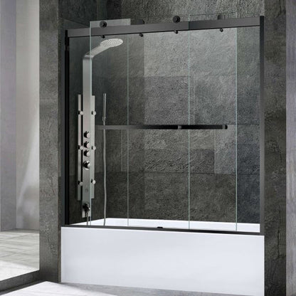 WoodBridge 60" x 34" White Solid Surface Right Drain Location Shower Base Matte Black Trench Cover With SDD6062-MBL Double Sliding Frameless Shower Door and SWP603296-3-SB-M Matte White Vertical Pattern 3-Panel Shower Wall Kit