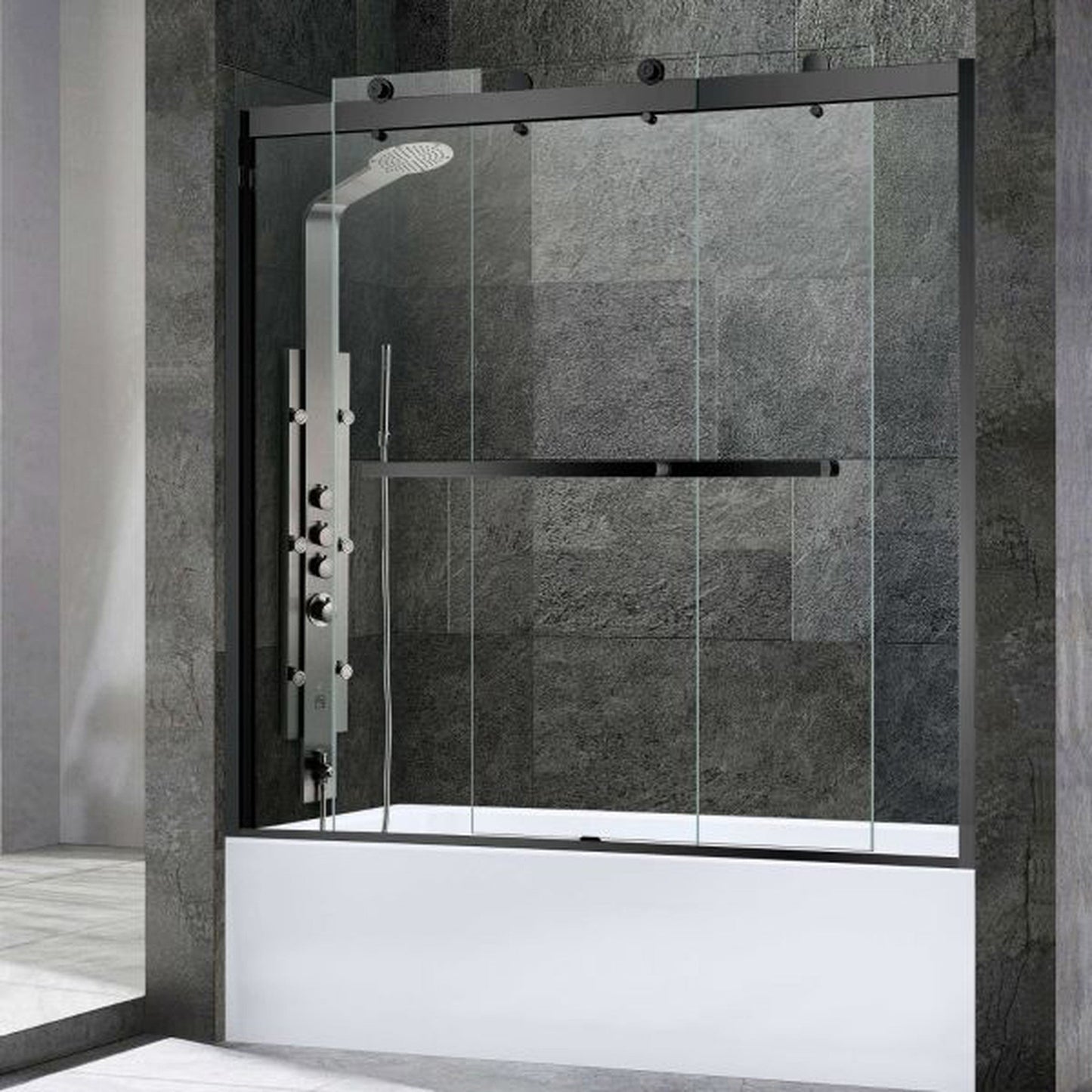 WoodBridge 60" x 34" White Solid Surface Right Drain Location Shower Base Matte Black Trench Cover With SDD6062-MBL Double Sliding Frameless Shower Door and SWP603696-1-SU-H White High Gloss Vertical Pattern 3-Panel Shower Wall Kit