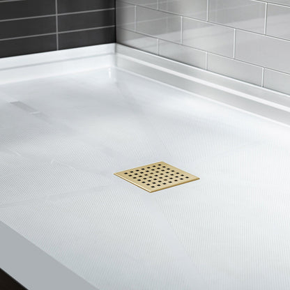 WoodBridge 60" x 34" White Solid Surface Shower Base Center Drain Location With Brushed Gold Trench Drain Cover