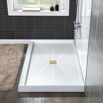 WoodBridge 60" x 34" White Solid Surface Shower Base Center Drain Location With Brushed Gold Trench Drain Cover