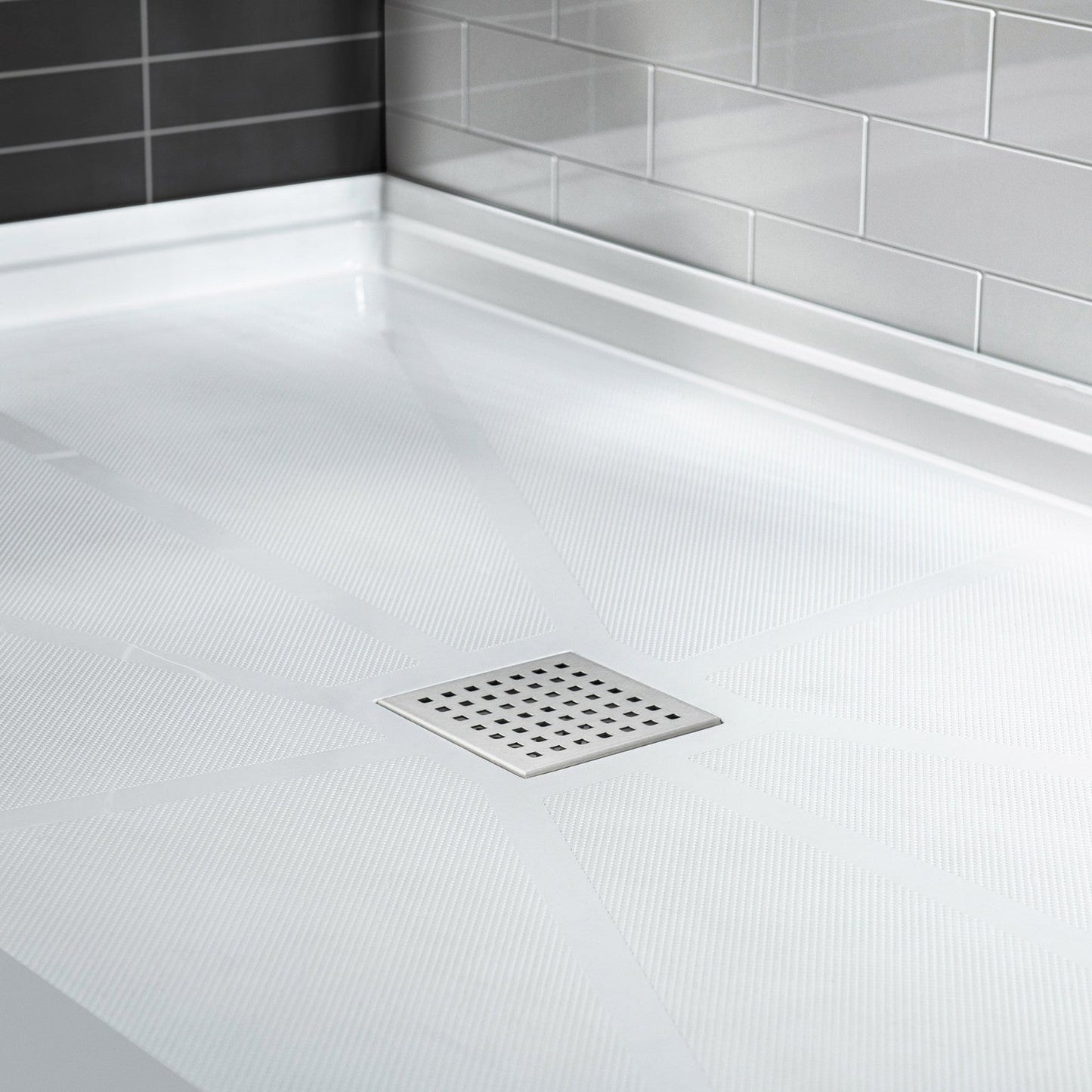 WoodBridge 60" x 34" White Solid Surface Shower Base Center Drain Location With Brushed Nickel Trench Drain Cover