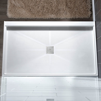 WoodBridge 60" x 34" White Solid Surface Shower Base Center Drain Location With Brushed Nickel Trench Drain Cover