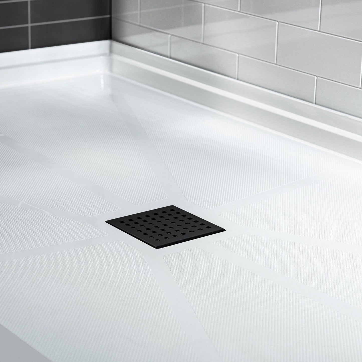 WoodBridge 60" x 34" White Solid Surface Shower Base Center Drain Location With Matte Black Trench Drain Cover