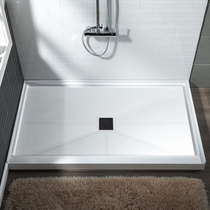 WoodBridge 60" x 34" White Solid Surface Shower Base Center Drain Location With Oil Rubbed Bronze Trench Drain Cover