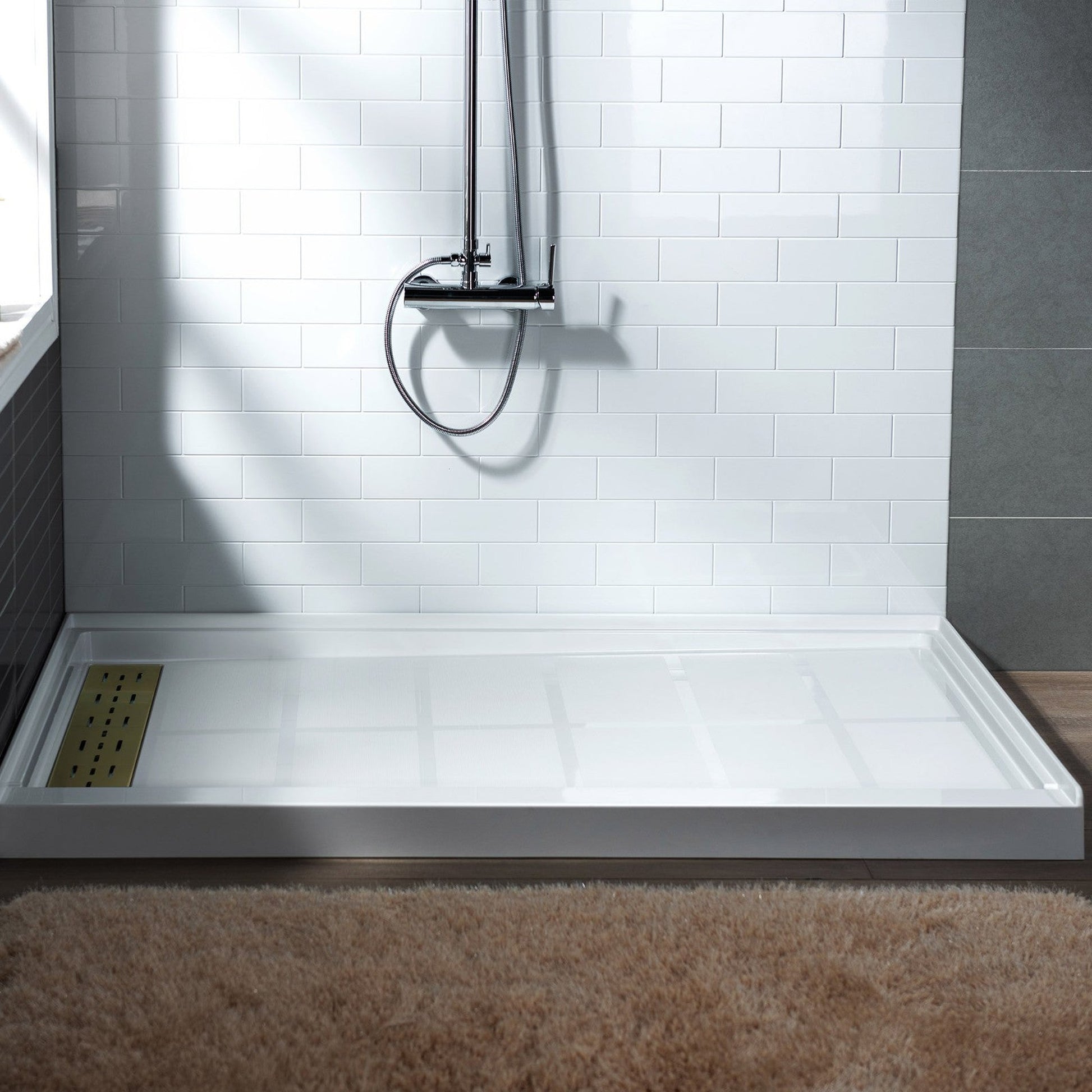 WoodBridge 60" x 34" White Solid Surface Shower Base Left Drain Location With Brushed Gold Trench Drain Cover