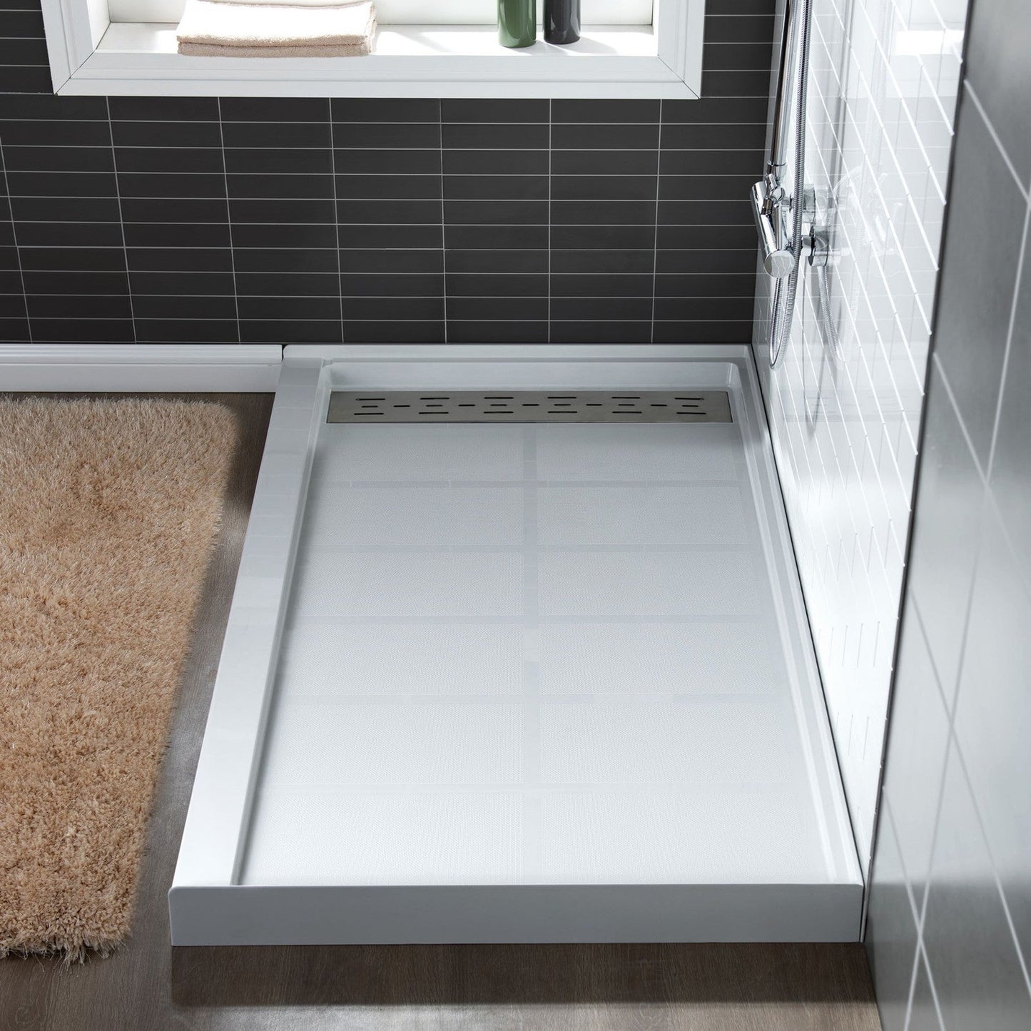 WoodBridge 60" x 34" White Solid Surface Shower Base Left Drain Location With Brushed Nickel Trench Drain Cover