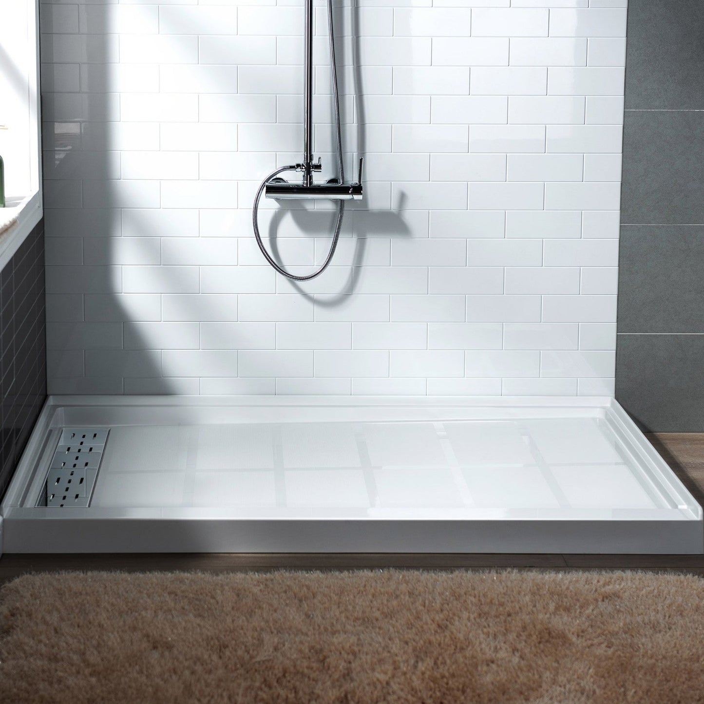 WoodBridge 60" x 34" White Solid Surface Shower Base Left Drain Location With Chrome Trench Drain Cover