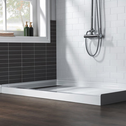 WoodBridge 60" x 34" White Solid Surface Shower Base Left Drain Location With Matte Black Trench Drain Cover