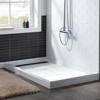 WoodBridge 60" x 34" White Solid Surface Shower Base Left Drain Location With Oil Rubbed Bronze Trench Drain Cover