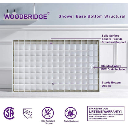 WoodBridge 60" x 34" White Solid Surface Shower Base Right Drain Location With Brushed Gold Trench Drain Cover
