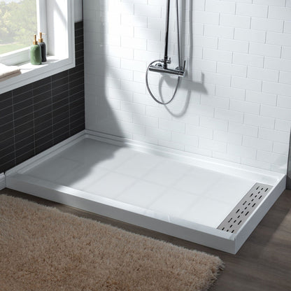 WoodBridge 60" x 34" White Solid Surface Shower Base Right Drain Location With Brushed Nickel Trench Drain Cover