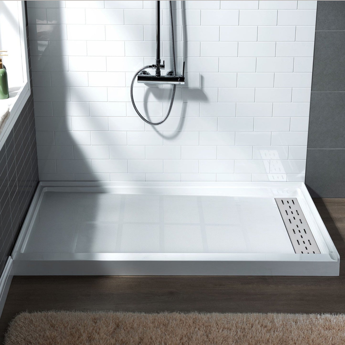 WoodBridge 60" x 34" White Solid Surface Shower Base Right Drain Location With Brushed Nickel Trench Drain Cover