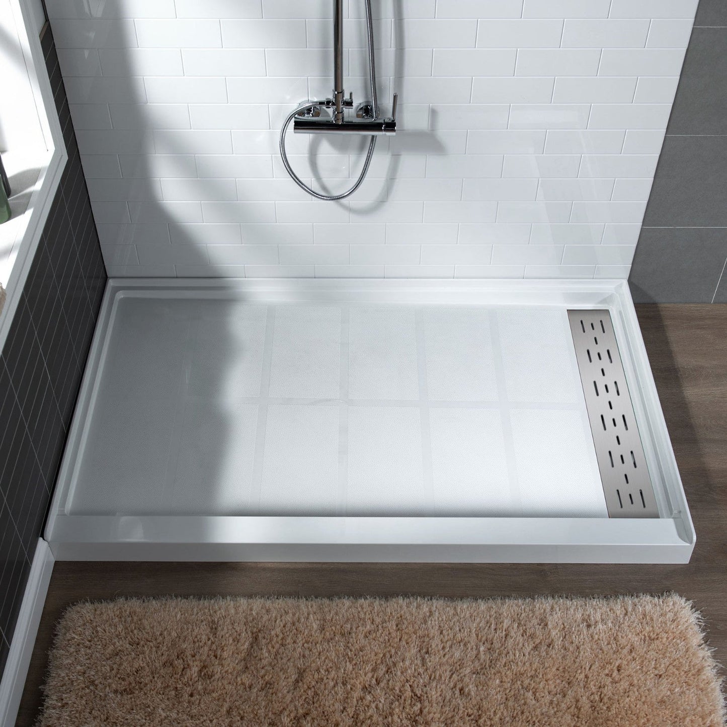 WoodBridge 60" x 34" White Solid Surface Shower Base Right Drain Location With Brushed Nickel Trench Drain Cover