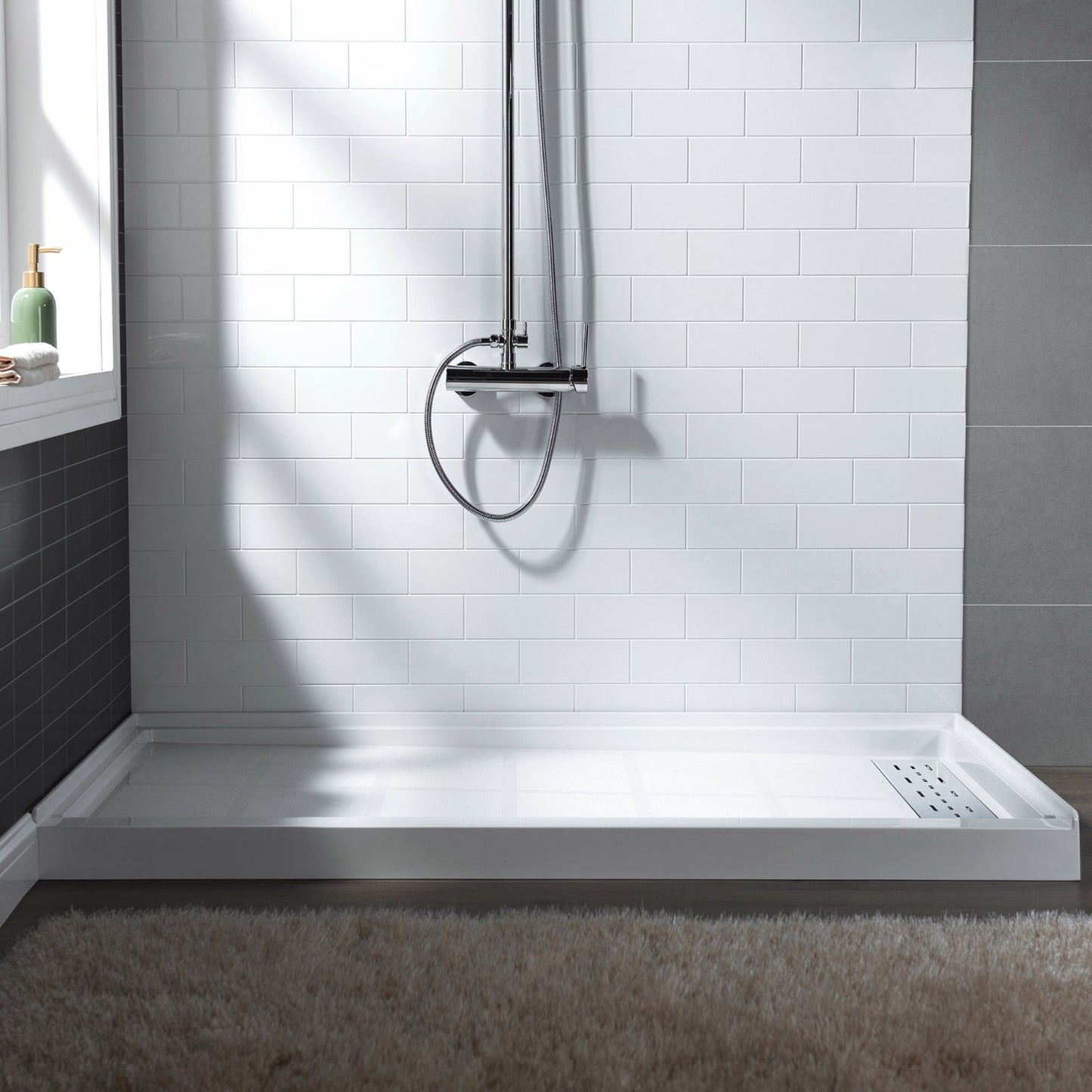 WoodBridge 60" x 34" White Solid Surface Shower Base Right Drain Location With Chrome Trench Drain Cover