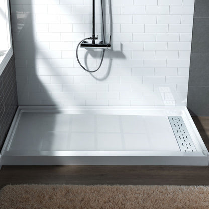 WoodBridge 60" x 34" White Solid Surface Shower Base Right Drain Location With Chrome Trench Drain Cover