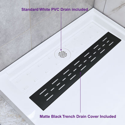 WoodBridge 60" x 34" White Solid Surface Shower Base Right Drain Location With Matte Black Trench Drain Cover
