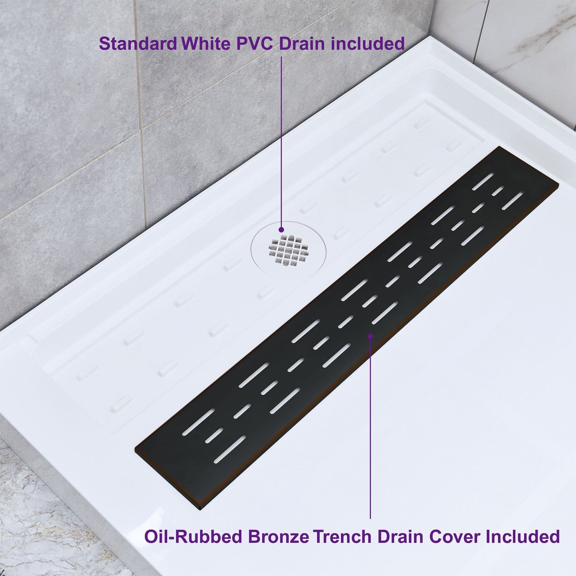 WoodBridge 60" x 34" White Solid Surface Shower Base Right Drain Location With Oil Rubbed Bronze Trench Drain Cover