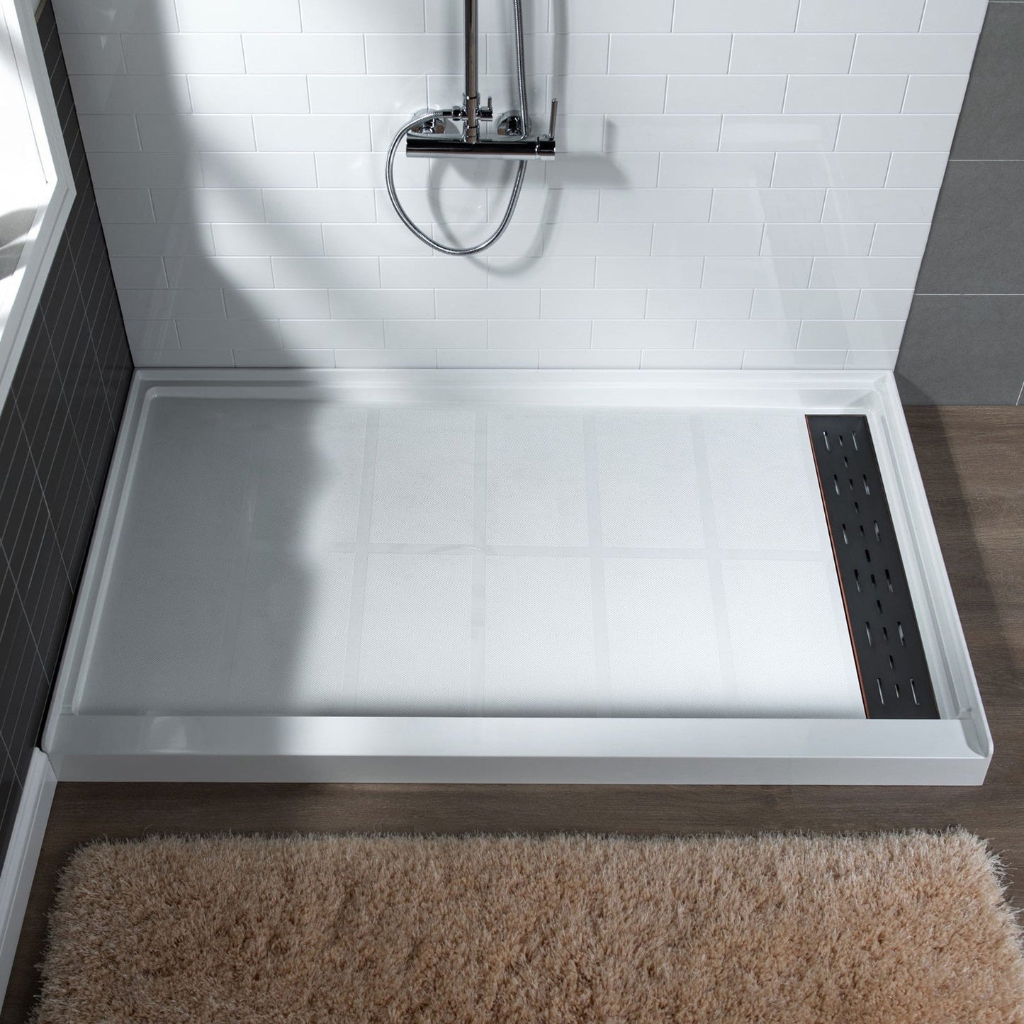 WoodBridge 60" x 34" White Solid Surface Shower Base Right Drain Location With Oil Rubbed Bronze Trench Drain Cover