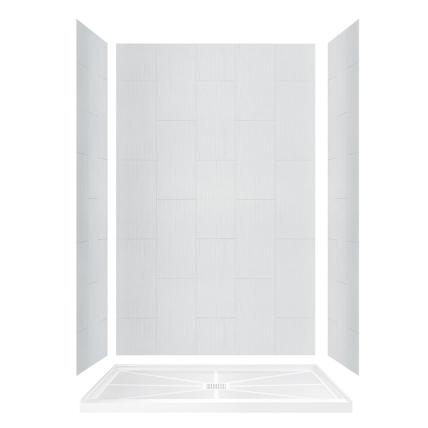 WoodBridge 60" x 36" Black Solid Tileable Integrated Center PVC Drain Shower Base With MBSDC6076-MBL Matte Black Hardware Frameless Shower Door and SWP603296-1-SU-H White High Gloss Vertical Pattern 3-Panel Shower Wall Kit