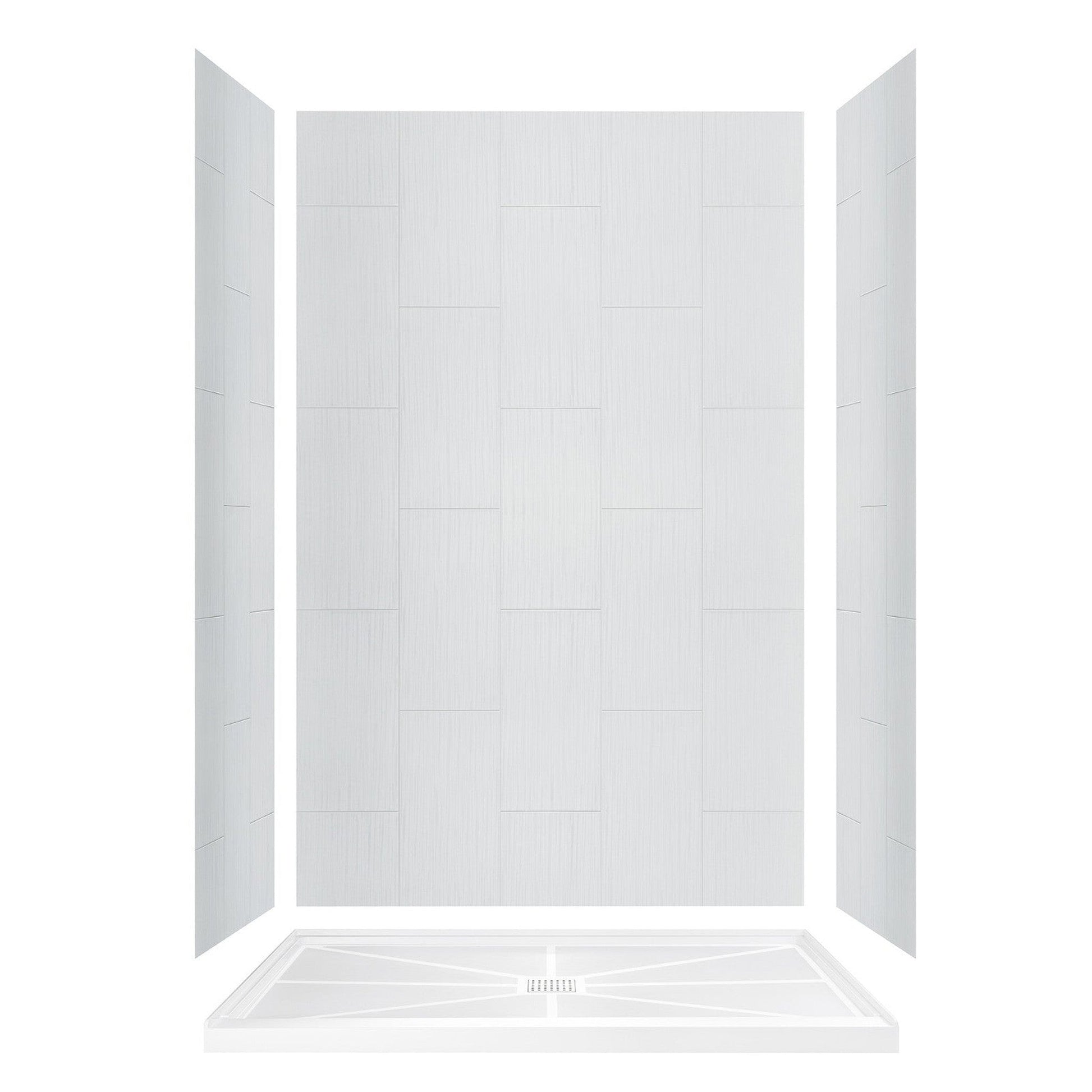 WoodBridge 60" x 36" Black Solid Tileable Integrated Center PVC Drain Shower Base With MBSDC6076-MBL Matte Black Hardware Frameless Shower Door and SWP603296-1-SU-H White High Gloss Vertical Pattern 3-Panel Shower Wall Kit