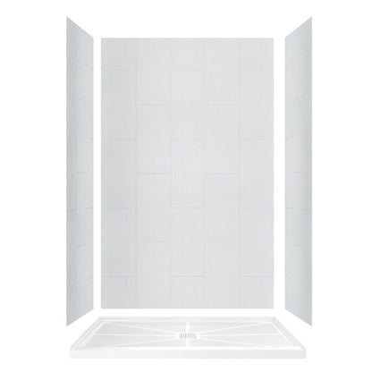 WoodBridge 60" x 36" Black Solid Tileable Integrated Center PVC Drain Shower Base With MBSDC6076-MBL Matte Black Hardware Frameless Shower Door and SWP603296-1-SU-H White High Gloss Vertical Pattern 3-Panel Shower Wall Kit