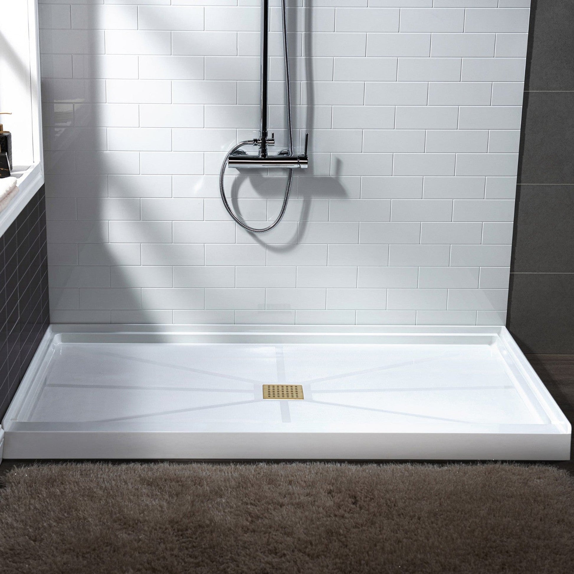 WoodBridge 60" x 36" White Solid Surface Center Drain Location Brushed Gold Trench Cover Shower Base With MBSDC6076-BG Frameless Shower Door and SWP603296-3-SB-M Matte White Vertical Pattern 3-Panel Shower Wall Kit