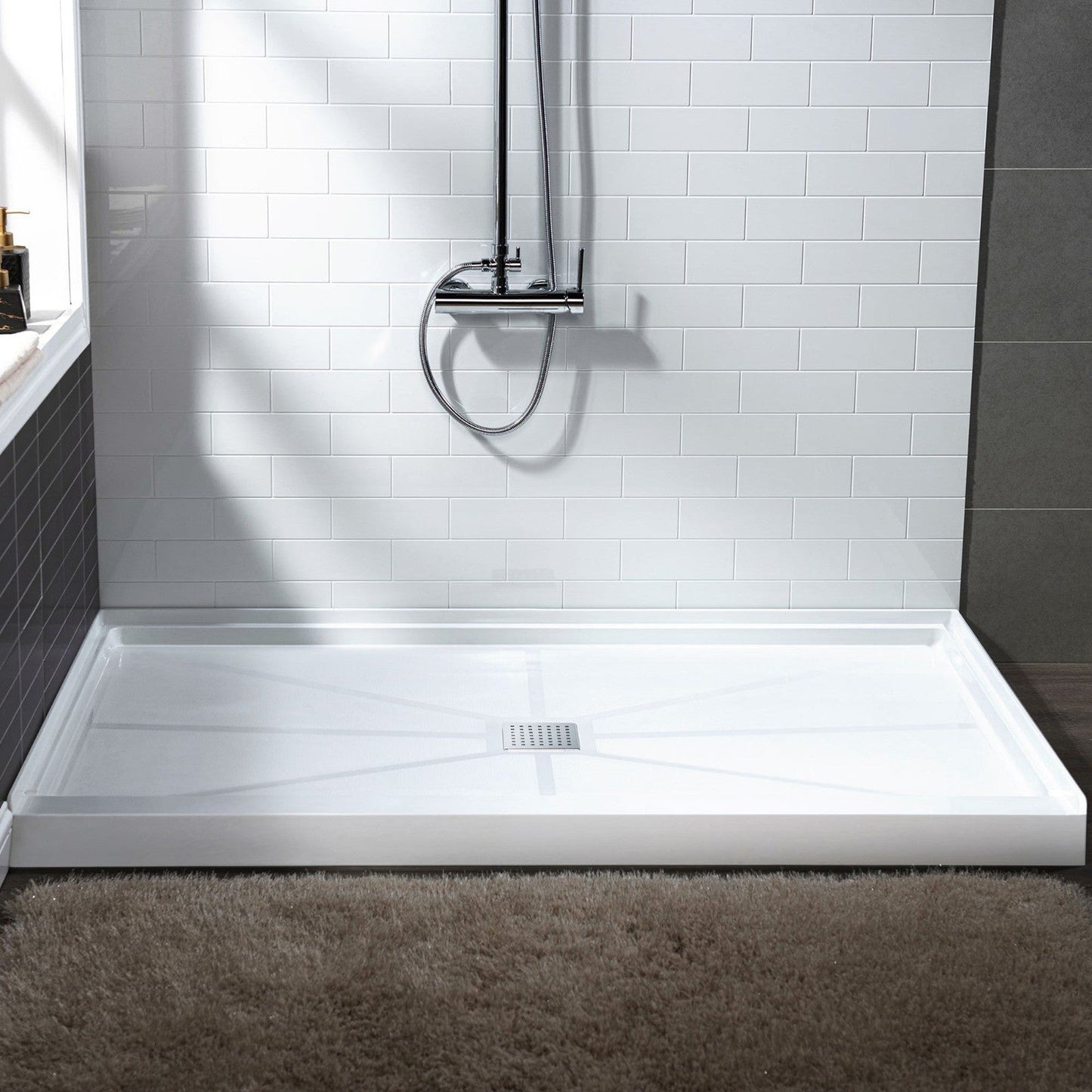 WoodBridge 60" x 36" White Solid Surface Center Drain Location Chrome Trench Cover Shower Base With SDD6076-C Double Sliding Frameless Shower Door and SWP603696-2-SU-H Matte Gray Vertical Pattern 3-Panel Shower Wall Kit