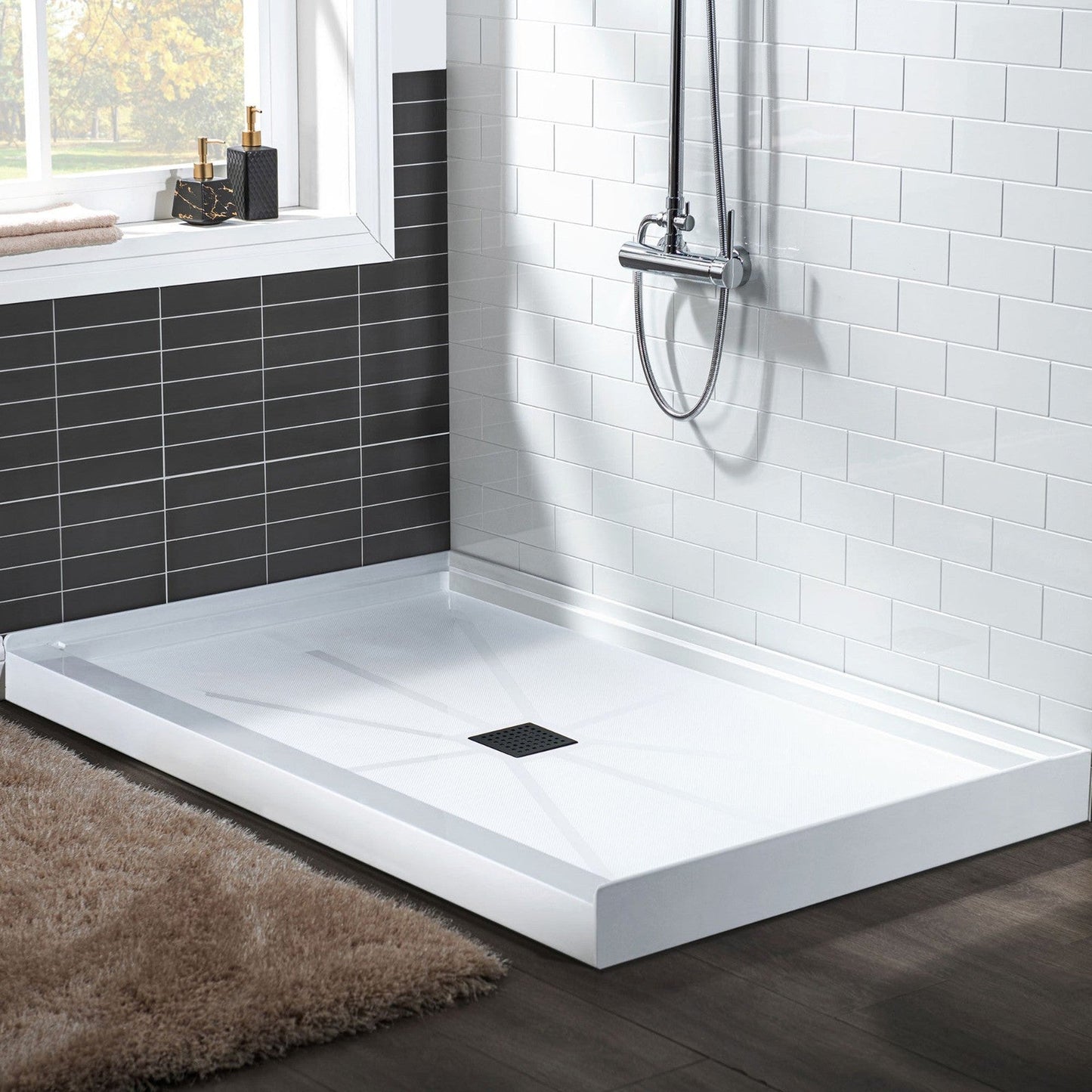 WoodBridge 60" x 36" White Solid Surface Center Drain Location Matte Black Trench Cover Shower Base With MSDC6062-MBL Frameless Shower Door and SWP603696-1-SU-H White High Gloss Vertical Pattern 3-Panel Shower Wall Kit