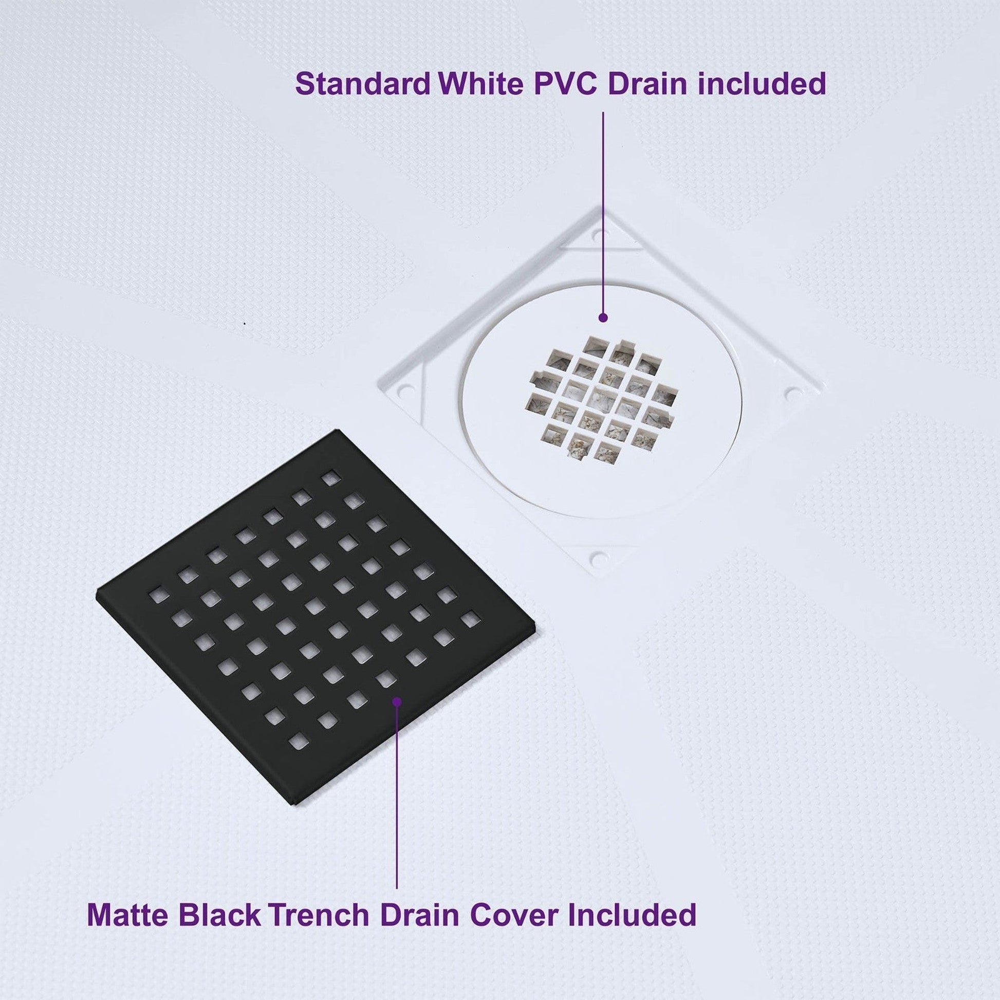 WoodBridge 60" x 36" White Solid Surface Center Drain Location Matte Black Trench Cover Shower Base With SDD6076-MBL Double Sliding Frameless Shower Door and SWP603696-2-SU-H Matte Gray Vertical Pattern 3-Panel Shower Wall Kit