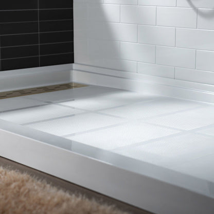 WoodBridge 60" x 36" White Solid Surface Left Drain Location Brushed Gold Trench Cover Shower Base With MBSDC6062-BG Frameless Shower Door and SWP603696-3-SB-M Matte White Vertical Pattern 3-Panel Shower Wall Kit
