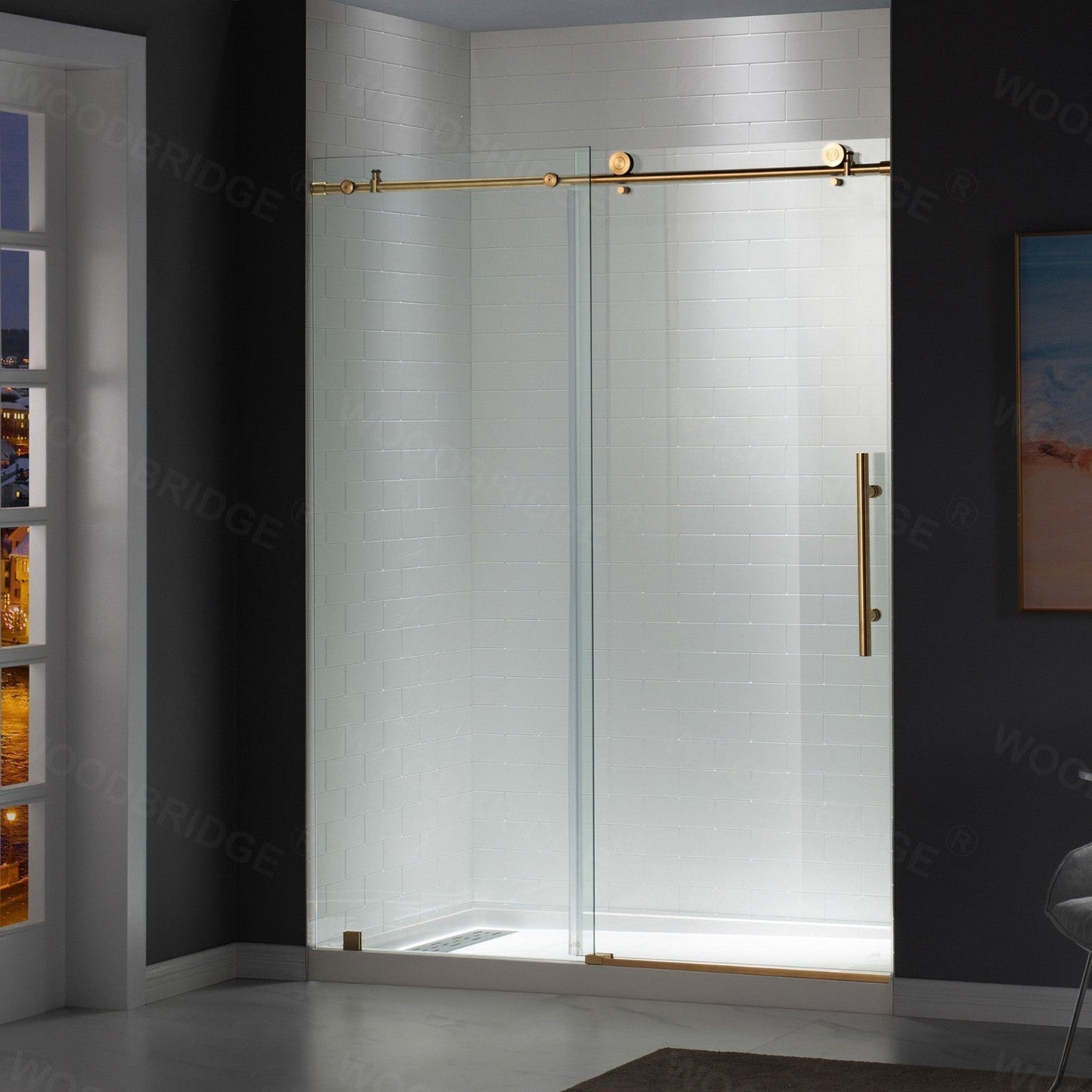 WoodBridge 60" x 36" White Solid Surface Left Drain Location Brushed Gold Trench Cover Shower Base With MBSDC6076-BG Frameless Shower Door and SWP603296-2-SU-H Vertical Pattern 3-Panel Shower Wall Kit