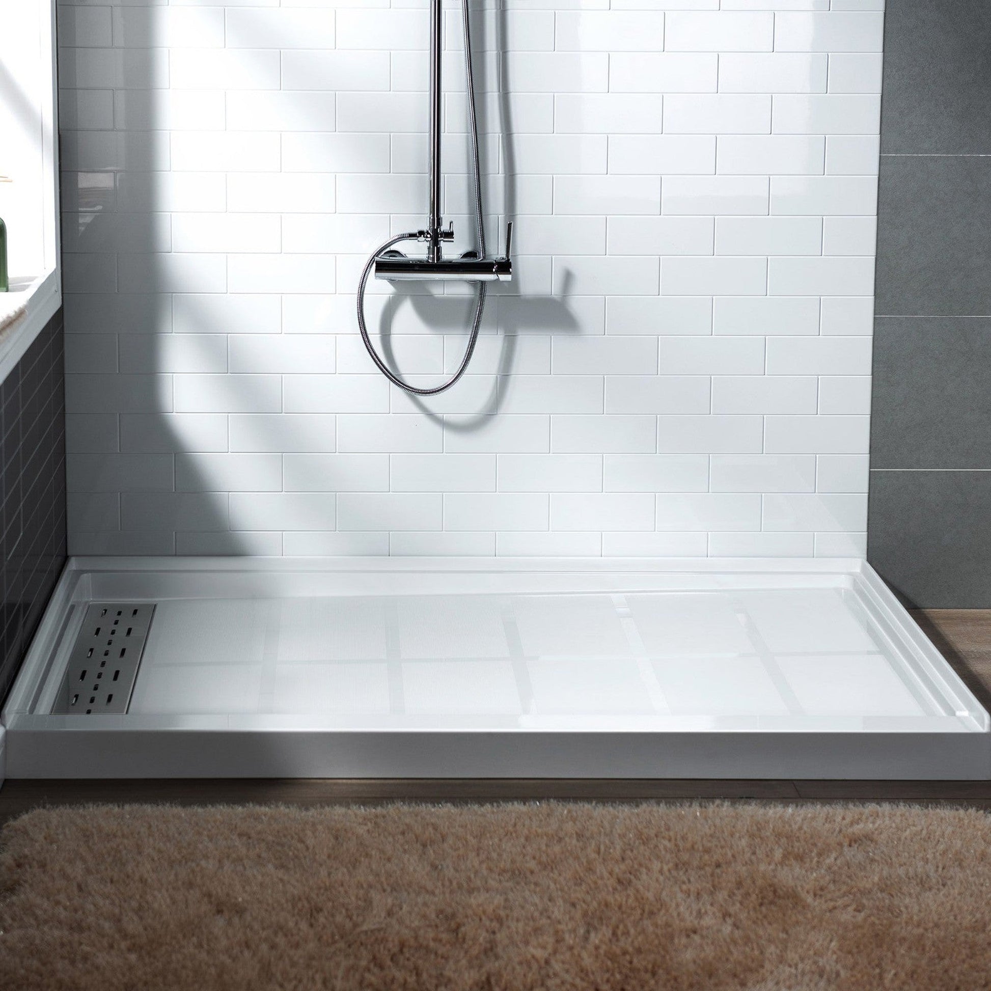 WoodBridge 60" x 36" White Solid Surface Left Drain Location Brushed Nickel Trench Cover Shower Base With MBSDC6062-BN Frameless Shower Door and SWP603696-2-SU-H Matte Gray Vertical Pattern 3-Panel Shower Wall Kit