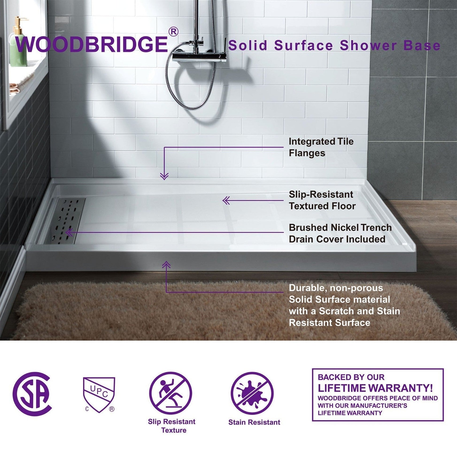WoodBridge 60" x 36" White Solid Surface Left Drain Location Brushed Nickel Trench Cover Shower Base With MBSDC6076-B Frameless Shower Door and SWP603296-1-SU-H White High Gloss Pattern 3-Panel Shower Wall Kit