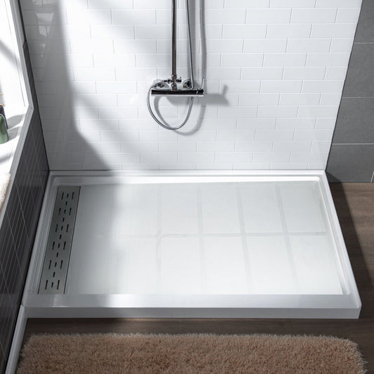 WoodBridge 60" x 36" White Solid Surface Left Drain Location Brushed Nickel Trench Cover Shower Base With SDD6062-B Double Sliding Frameless Shower Door and SWP603296-2-SU-H Matte Gray Vertical Pattern 3-Panel Shower Wall Kit