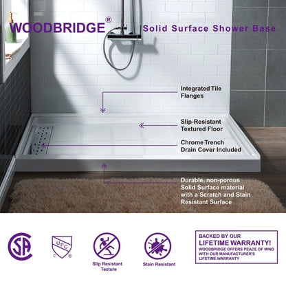 WoodBridge 60" x 36" White Solid Surface Left Drain Location Chrome Trench Cover Shower Base With MBSDC6062-C Frameless Shower Door and SWP603296-2-SU-H Vertical Pattern 3-Panel Shower Wall Kit