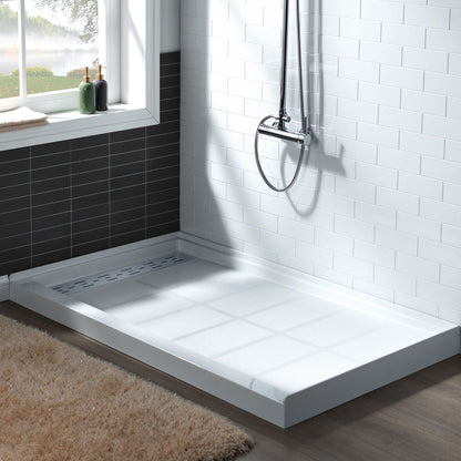 WoodBridge 60" x 36" White Solid Surface Left Drain Location Chrome Trench Cover Shower Base With MBSDC6062-C Frameless Shower Door and SWP603696-2-SU-H Vertical Pattern 3-Panel Shower Wall Kit