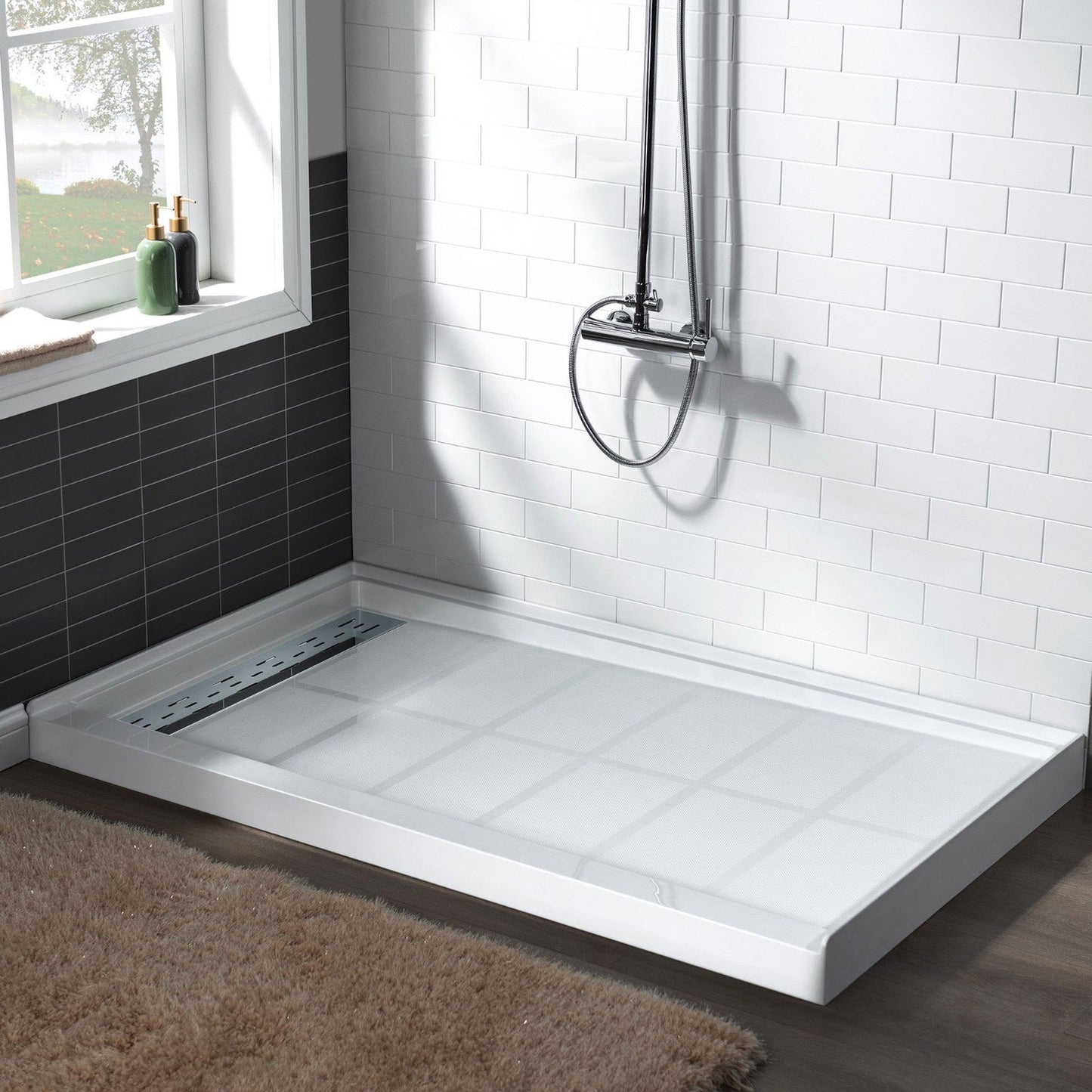 WoodBridge 60" x 36" White Solid Surface Left Drain Location Chrome Trench Cover Shower Base With MBSDC6062-C Frameless Shower Door and SWP603696-2-SU-H Vertical Pattern 3-Panel Shower Wall Kit