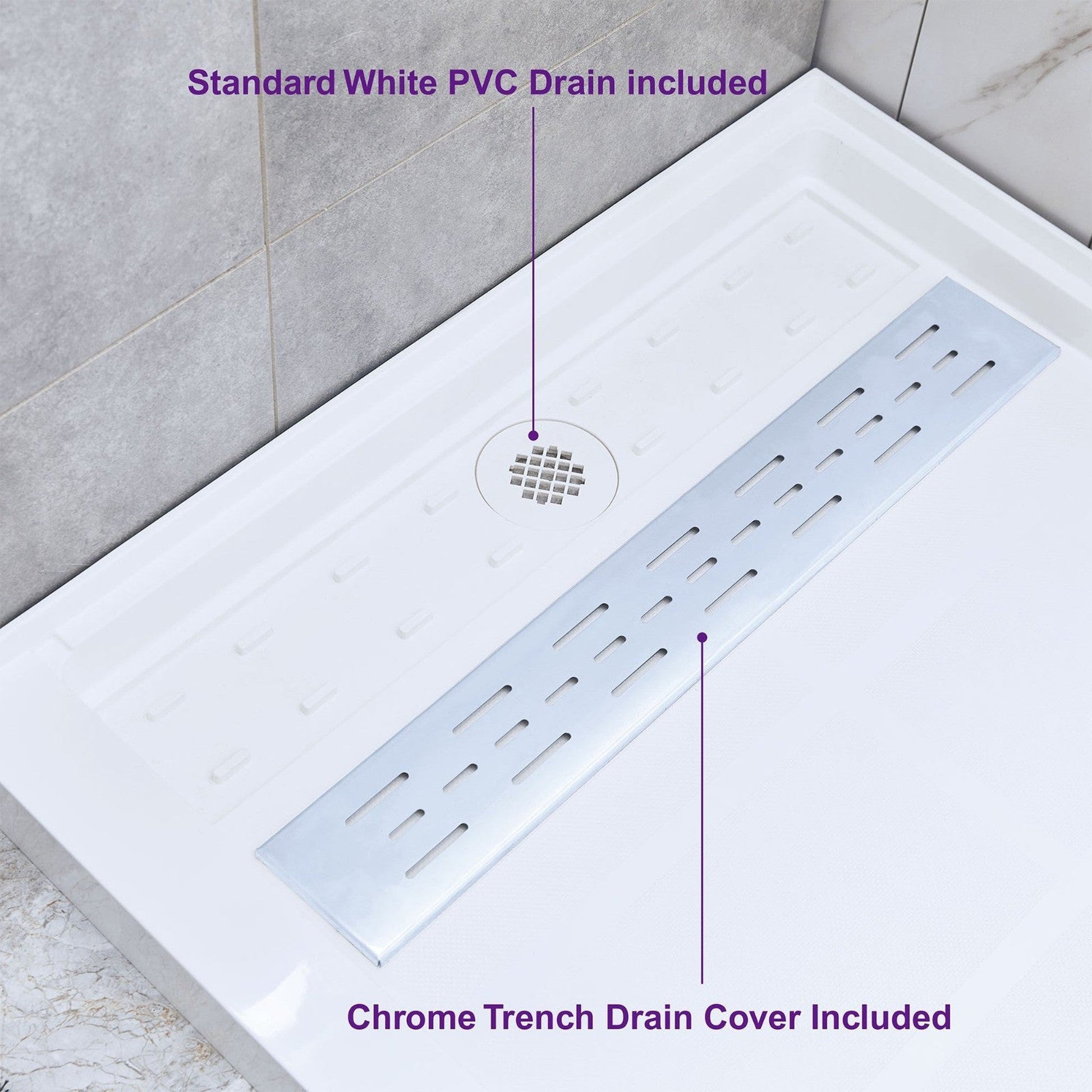 WoodBridge 60" x 36" White Solid Surface Left Drain Location Chrome Trench Cover Shower Base With MBSDC6076-C Frameless Shower Door and SWP603296-1-SU-H White High Gloss Vertical Pattern 3-Panel Shower Wall Kit
