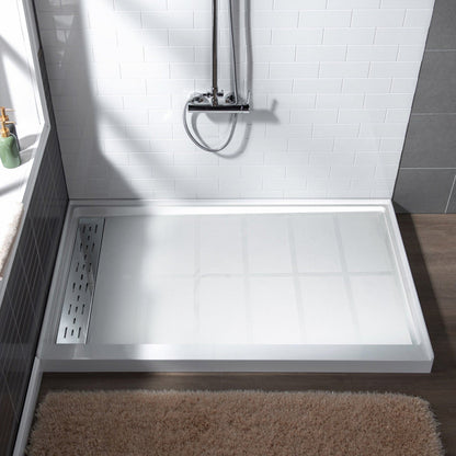 WoodBridge 60" x 36" White Solid Surface Left Drain Location Chrome Trench Cover Shower Base With MBSDC6076-C Frameless Shower Door and SWP603296-1-SU-H White High Gloss Vertical Pattern 3-Panel Shower Wall Kit